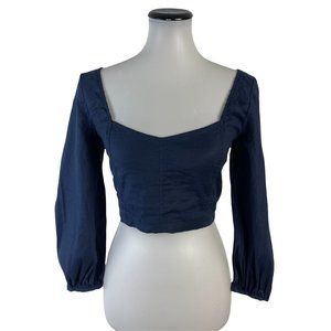 Babaton Womens S Navy Blue Hadwyn Cropped Blouse Puff Sleeves Top #679